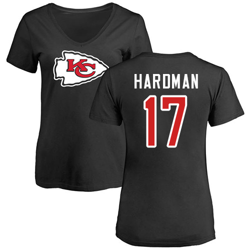 Women Football Kansas City Chiefs #17 Hardman Mecole Black Name and Number Logo Slim Fit T-Shirt